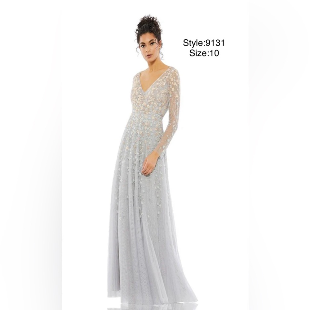 Embellished wrap over illusion long sleeve gown
